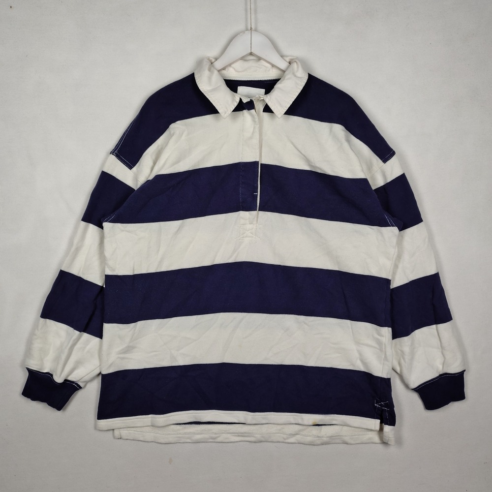 Aerie Womens Navy Blue White Striped Rugby Polo Shirt Long Sleeve Large